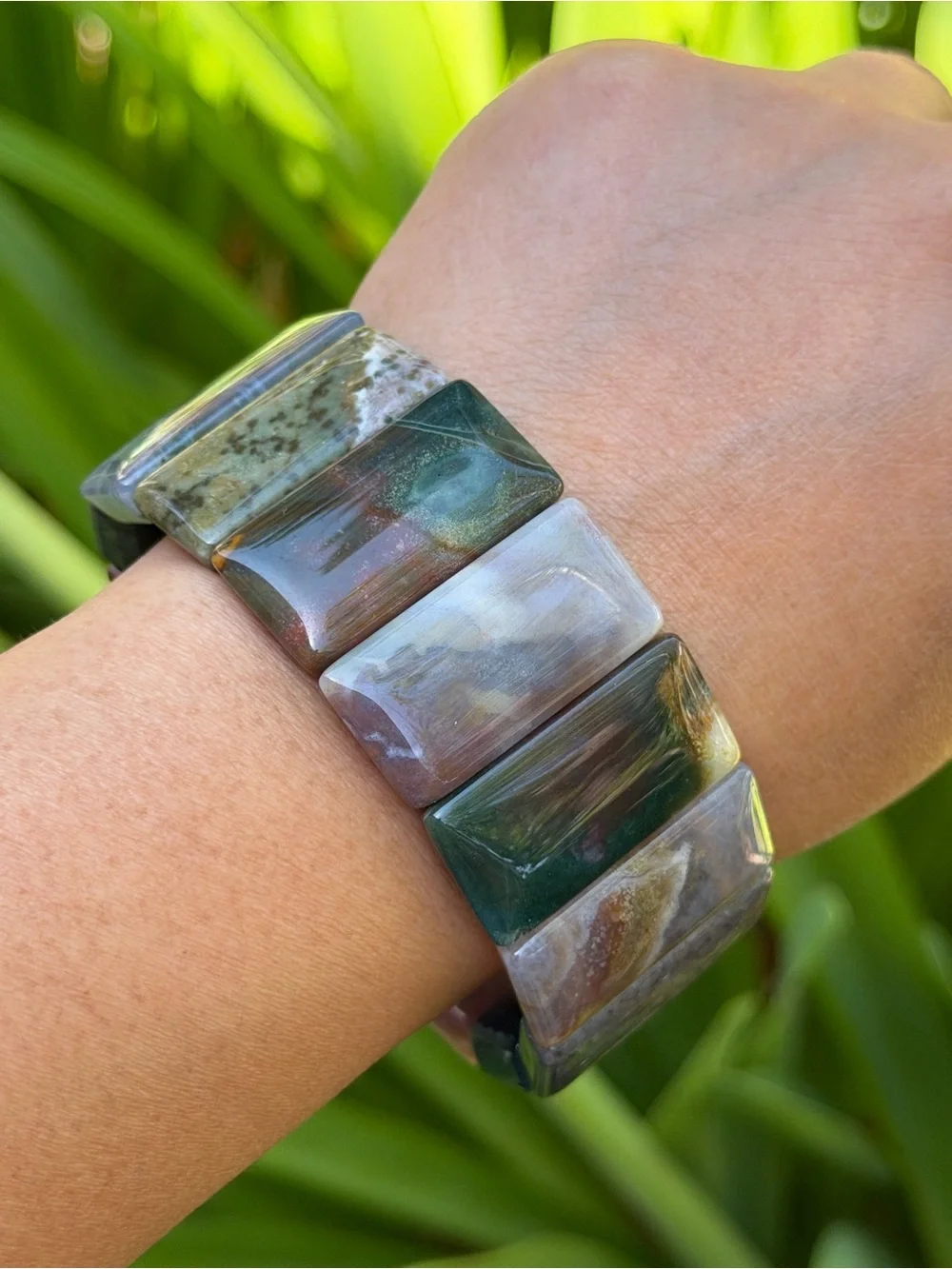 Wide Natural Multi-Color Ocean Jasper Stretch Bracelet Soft Bangle 2033